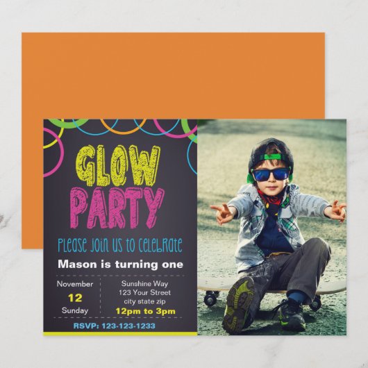 Glow Party verjaardagsuitnodiging met foto Kaart (Voorkant / Achterkant)