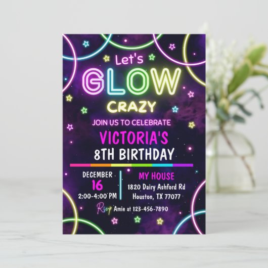 Glow Party verjaardagsuitnodiging, Neon Party Kaart (Staand voorkant)