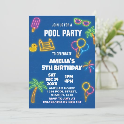 Glow Pool Party verjaardagsuitnodiging Kaart (Staand voorkant)