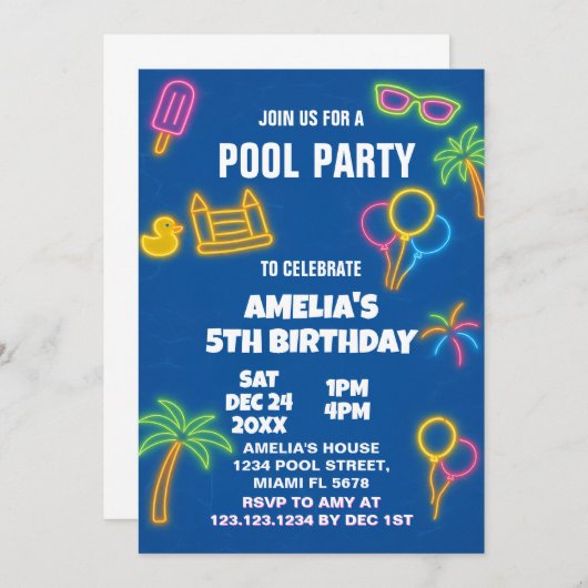 Glow Pool Party verjaardagsuitnodiging Kaart (Voorkant / Achterkant)