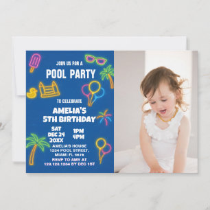 Glow Pool Party verjaardagsuitnodiging met foto Kaart