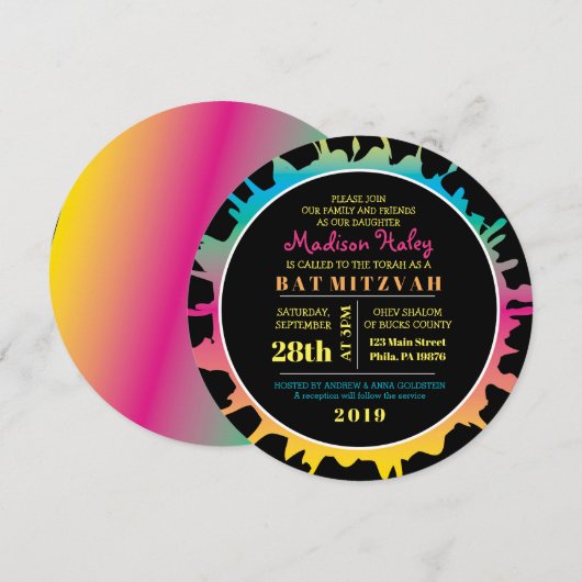 GLOW Rainbow Splash Bar Bat Mitzvah Uitnodiging (Voorkant / Achterkant)