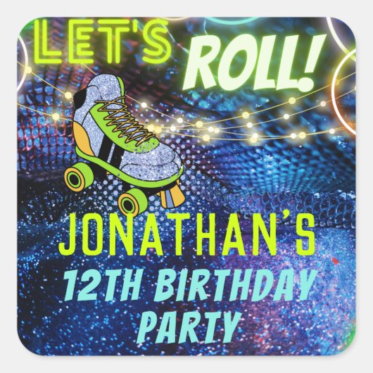 Glow Roller Skateboarden Birthday Party Favor Vierkante Sticker (Voorkant)