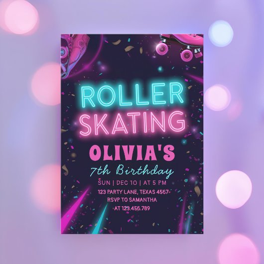 Glow Roller Skating Birthday | Neon Lights Party Kaart