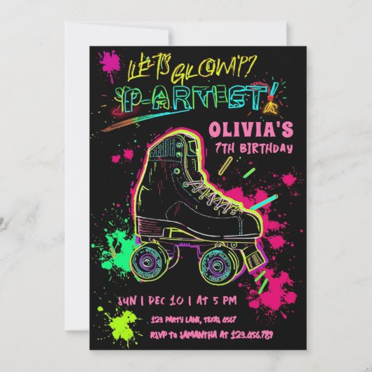 Glow Roller Skating Birthday | Neon Party Kaart (Voorkant)