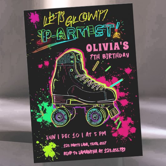 Glow Roller Skating Verjaardag | Neon Feest Kaart