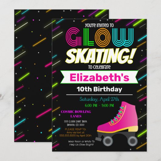 Glow Skating Birthday Invitation Kaart (Voorkant / Achterkant)