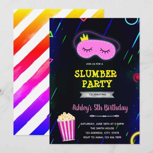 Glow slumber party uitnodiging (Voorkant / Achterkant)