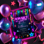 Glow Sweet 16 Zestien Retro 80s Neon Bright Kaart<br><div class="desc">Dit schitterende ontwerp heeft een levendige en kleurrijke typografie tegen een achtergrond van gloeiende sterren, waardoor een elektrificerende sfeer ontstaat die belooft uw viering te verlichten. Perfect voor een Sweet Sixteen die barst van energie en opwinding, deze uitnodiging zet het podium voor een nacht van plezier en festiviteiten onder de...</div>