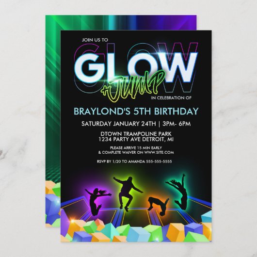 Glow Trampoline Park Party Invitation Kaart (Voorkant / Achterkant)