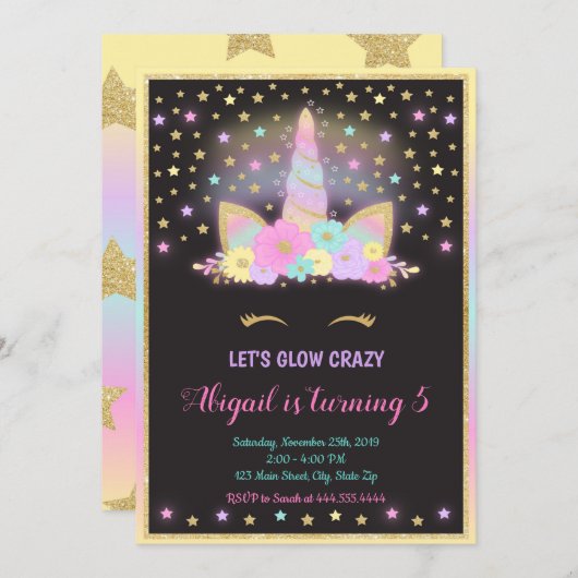 Glow Unicorn Invitation Unicorn Kaart (Voorkant / Achterkant)