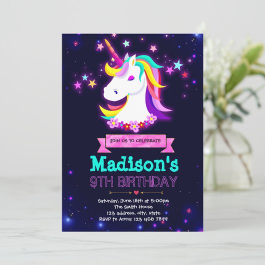 Glow unicorn-themagepartij Uitnodiging (Staand voorkant)