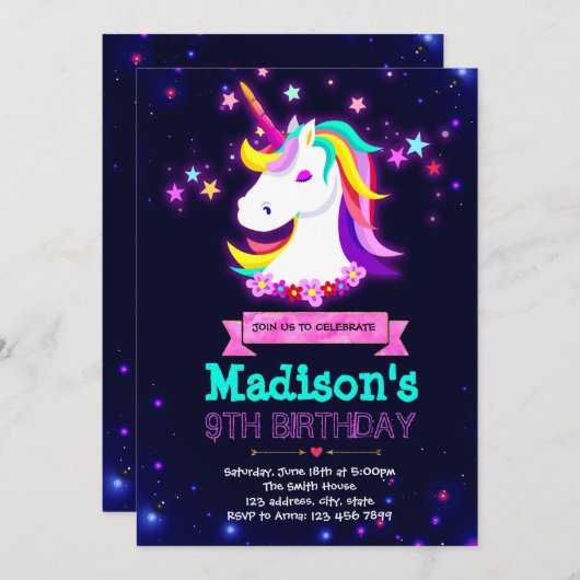 Glow unicorn-themagepartij Uitnodiging (Voorkant / Achterkant)