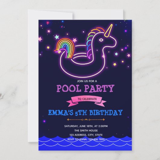 Glow unicorn zwembad thema party Uitnodiging (Voorkant)