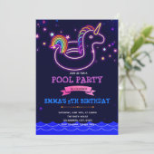 Glow unicorn zwembad thema party Uitnodiging (Staand voorkant)