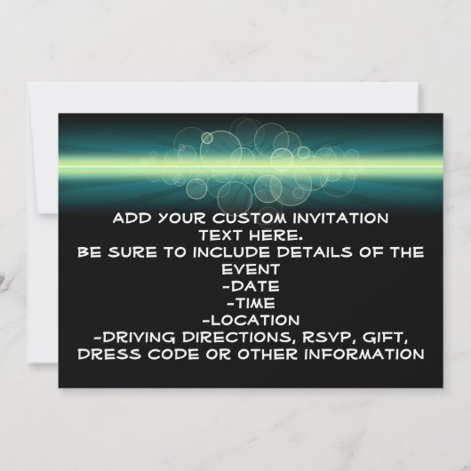 Glow verjaardagsfeestje, blauw/geel blacklight kaart (Achterkant)