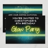 Glow verjaardagsfeestje, blauw/geel blacklight kaart (Voorkant / Achterkant)