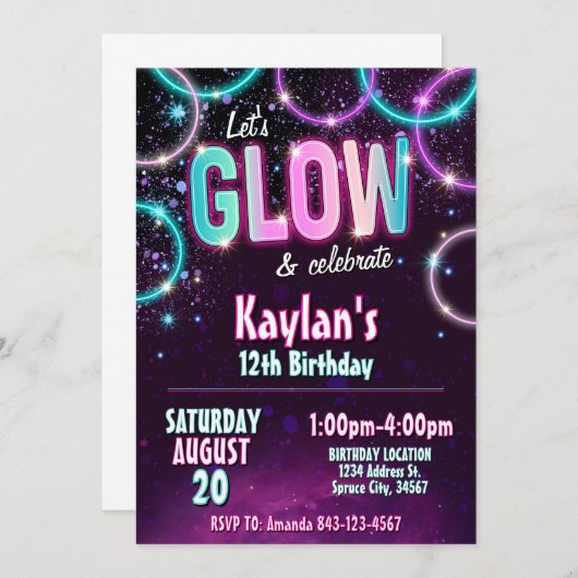 Glow verjaardagsfeestje uitnodigen kaart (Voorkant / Achterkant)