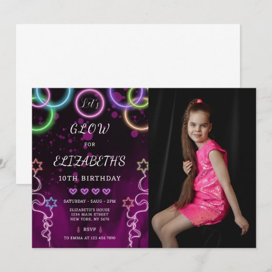 Glow verjaardagsuitnodiging met foto kaart (Voorkant / Achterkant)