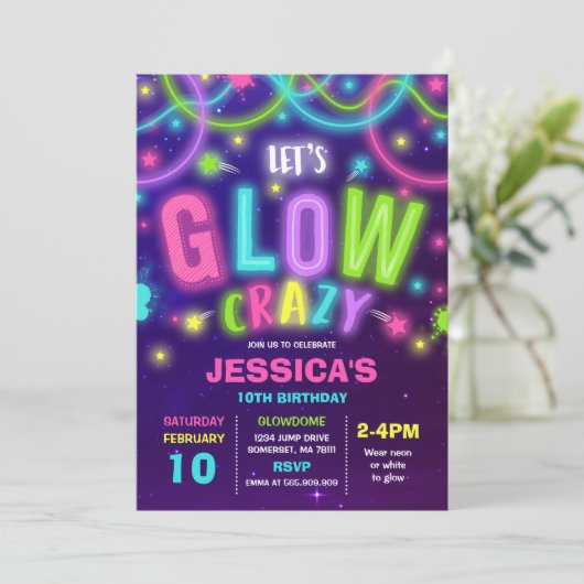 Glow verjaardagsuitnodiging Neon Glow Dance Party Kaart (Staand voorkant)