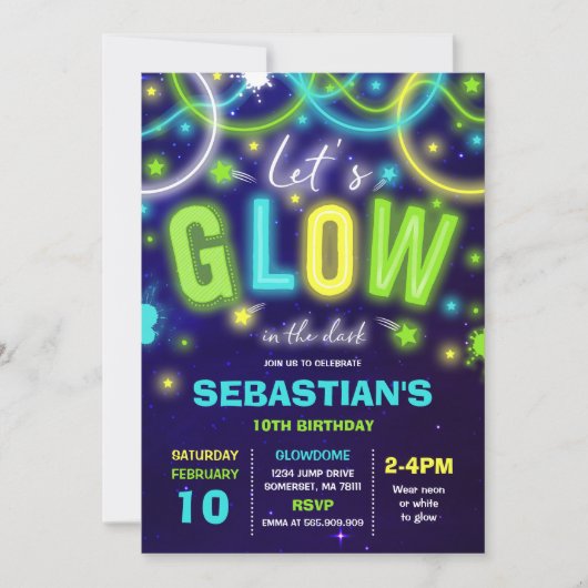 Glow verjaardagsuitnodiging Neon Glow Dance Party Kaart (Voorkant)