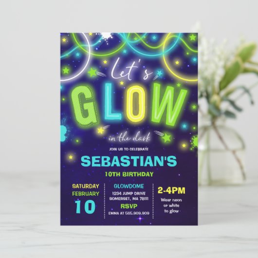 Glow verjaardagsuitnodiging Neon Glow Dance Party Kaart (Staand voorkant)