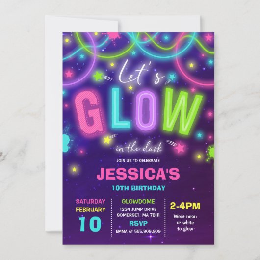 Glow verjaardagsuitnodiging Neon Glow Dance Party Kaart (Voorkant)