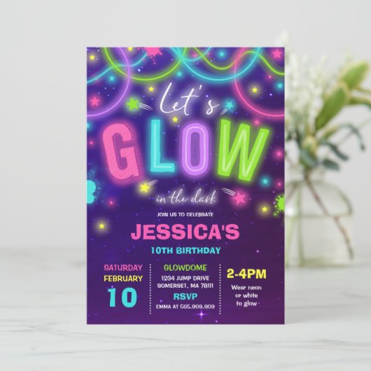 Glow verjaardagsuitnodiging Neon Glow Dance Party Kaart (Staand voorkant)