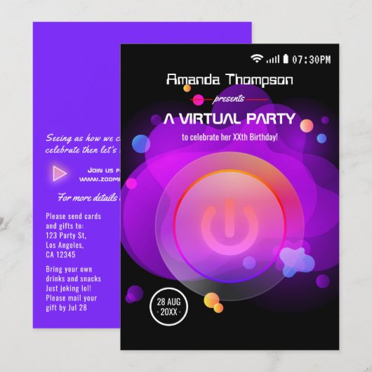 Glow Virtuele Verjaardagsfeestje Kaart (Voorkant / Achterkant)