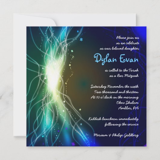 GLOWENDE NEON STARS Bar Bat Mitzvah Invitation Kaart (Voorkant)
