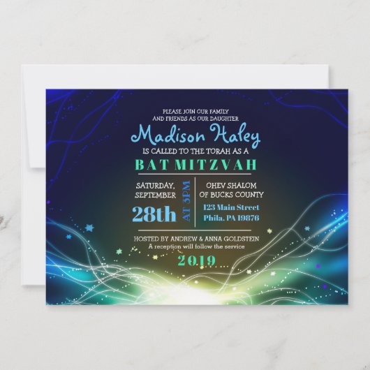 GLOWENDE NEON Stars Bar Mitzvah Invitation blue Kaart (Voorkant)