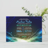 GLOWENDE NEON Stars Bar Mitzvah Invitation blue Kaart (Staand voorkant)