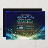 GLOWENDE NEON Stars Bar Mitzvah Invitation blue Kaart (Voorkant / Achterkant)