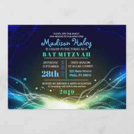 GLOWENDE NEON Stars Bar Mitzvah Invitation blue Kaart
