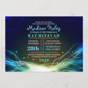 GLOWENDE NEON Stars Bar Mitzvah Invitation blue Kaart