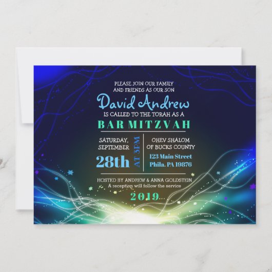 GLOWENDE NEON STARS Bar Mitzvah Invitation blue Kaart (Voorkant)