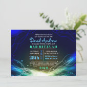 GLOWENDE NEON STARS Bar Mitzvah Invitation blue Kaart (Staand voorkant)