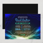 GLOWENDE NEON STARS Bar Mitzvah Invitation blue Kaart (Voorkant / Achterkant)