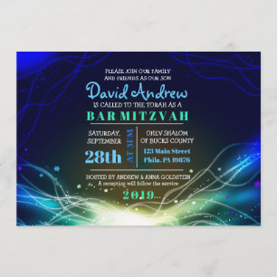 GLOWENDE NEON STARS Bar Mitzvah Invitation blue Kaart