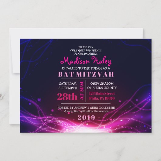 GLOWENDE NEON STARS FUSCHIA Bat Mitzvah Invitation Kaart (Voorkant)