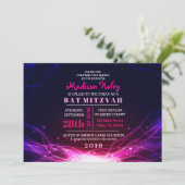 GLOWENDE NEON STARS FUSCHIA Bat Mitzvah Invitation Kaart (Staand voorkant)