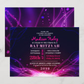 GLOWENDE NEON STARS FUSCHIA Bat Mitzvah Invitation Kaart (Voorkant / Achterkant)