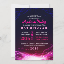 GLOWENDE NEON STARS FUSCHIA Bat Mitzvah Invitation Kaart