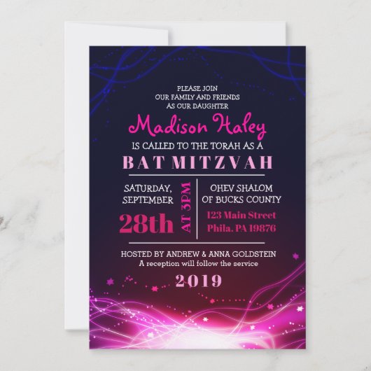 GLOWENDE NEON STARS FUSCHIA Bat Mitzvah Invitation Kaart (Voorkant)