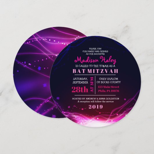 GLOWENDE NEON STARS FUSCHIA Bat Mitzvah Invitation Kaart (Voorkant / Achterkant)