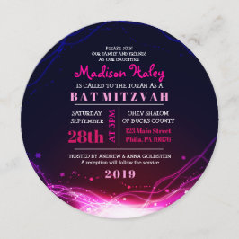 GLOWENDE NEON STARS FUSCHIA Bat Mitzvah Invitation Kaart