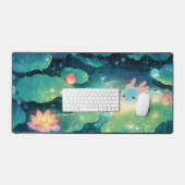 Glowing Blue Axolotl Rainy Night Lotus Pond Bureaumat (Keyboard & Muis)