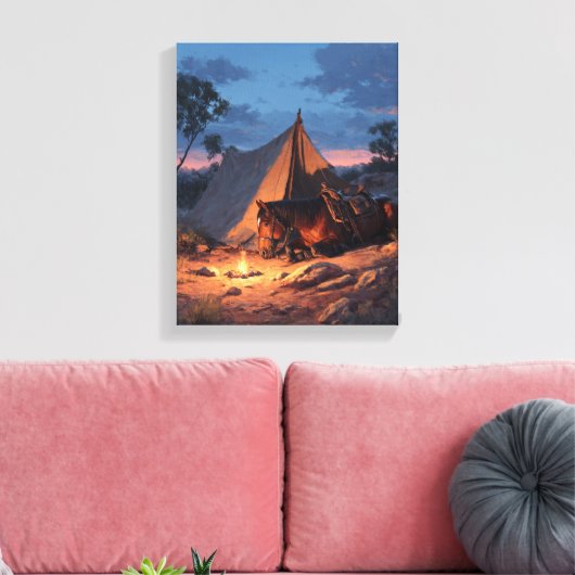 Glowing Campfire Tent Sunset Painting Canvas Afdruk (Insitu (Woonkamer))