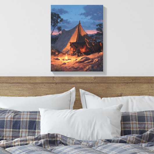 Glowing Campfire Tent Sunset Painting Canvas Afdruk (Insitu (Slaapkamer))