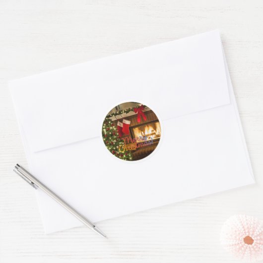 Glowing Christmas Tree and Fireplace Round Sticker (Envelop)